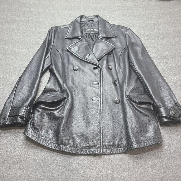 Kenneth Cole Reaction Jacket Womens Medium Black Leather Peacoat Double Breasted - Picture 1 of 10